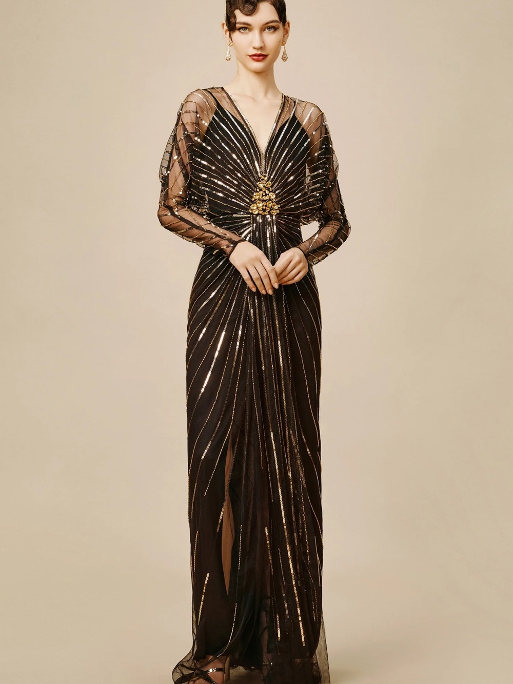 NWT Babeyond 1920s Black Long-Sleeve Sequin Evening Gown with Gold Accents